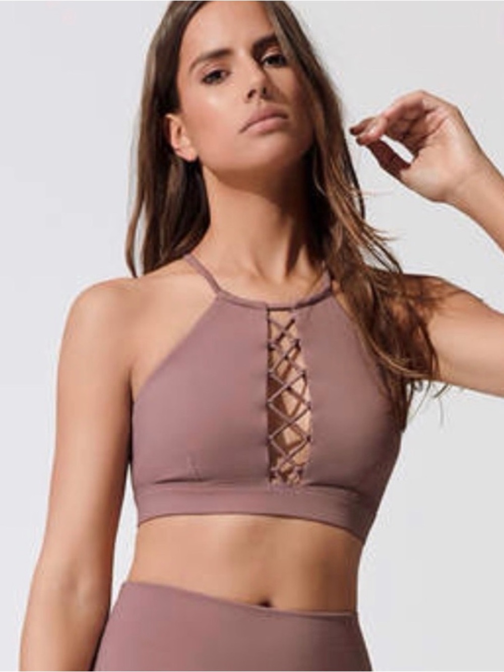 Alo Yoga Starlet Lace-Up Bra in Smoky Quartz, Size Small
